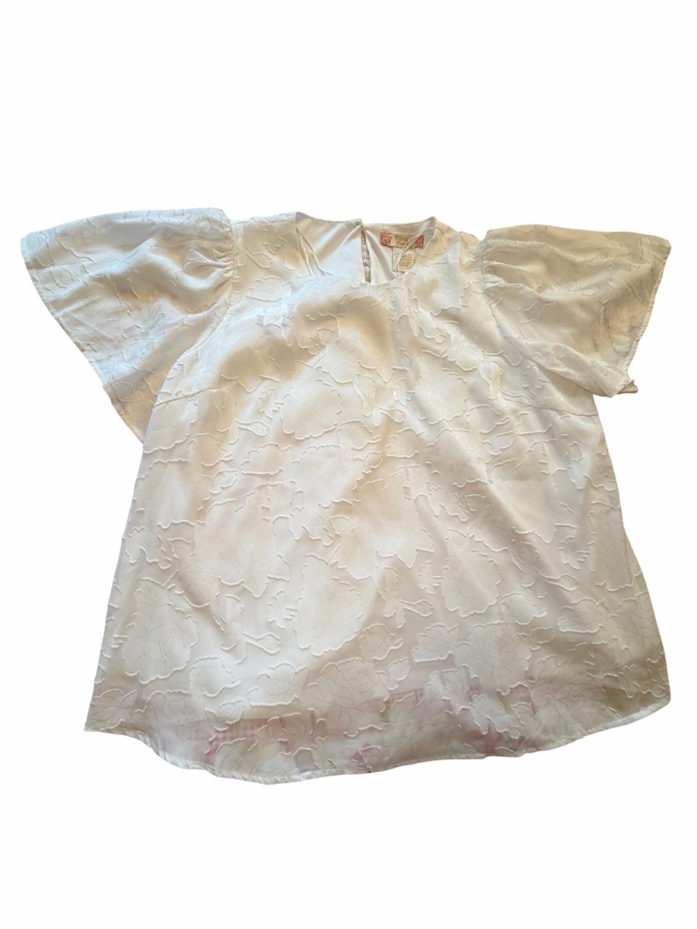 Flying Tomato Floral Jacquard White Textured Flutter Sleeve Top-Size XL-NWT